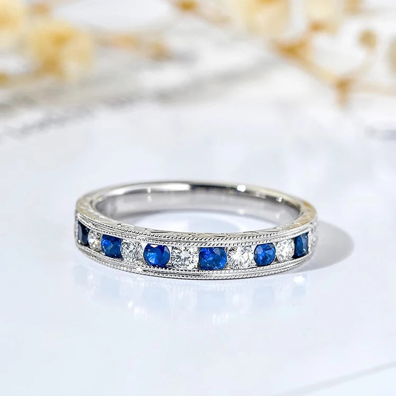 Huitan Luxury Blue/White Cubic Zircon Rings for Women Classic Wedding Engagement Band Accessories Silver Color Eternity Jewelry