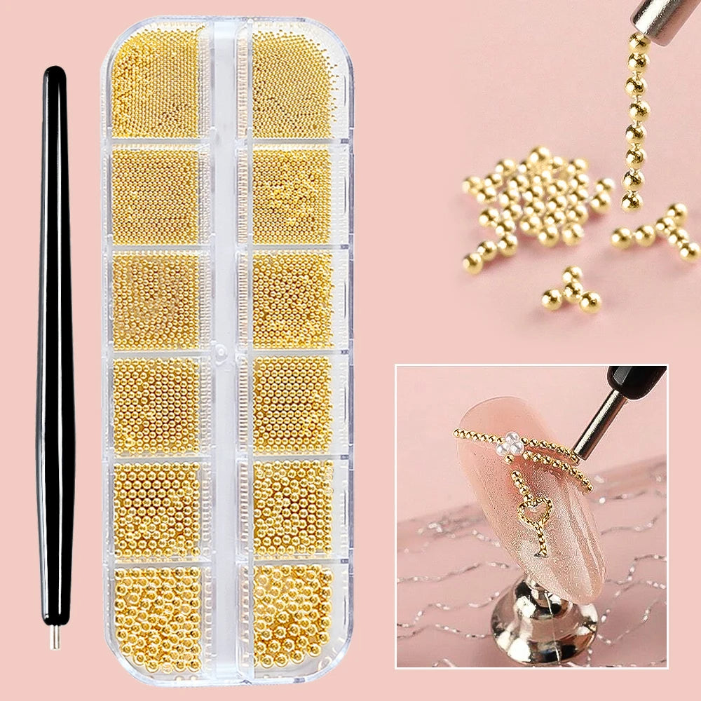 12 Grids Mini Caviar Beads Nail Art Charms 3D Metal Gold Silver Steel Ball (0.4mm-1.5mm) Nail Parts With Magnetic Pen Nail Decor