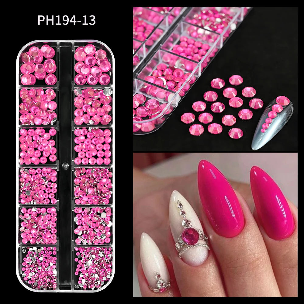 12Grids Ocean Gold Nail Art Charms Shell/Seahorse/Starfish White Half Round Pearl Gems 3D Mixed Punk Manicure Metal Rivets Studs