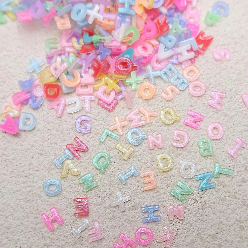 100pcs Mix Letter Nail Art Charms Candy Color with Glitter Resin Nail Rhinestones Kawaii Flatback Alphabet DIY Craft Supplies
