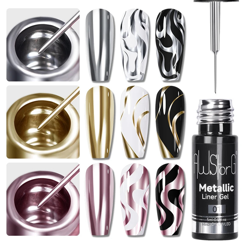 AWStorG 1/3 Pcs Metallic Liner Paint Gel Nail Polish Chrome Mirror Metal Effect Super Bright French  Semi Permanent  UV LED Gels