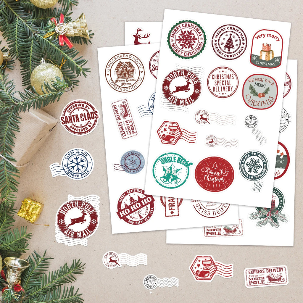 50pcs Christmas Stamps Graffiti Stickers for Envelope,DIY Crafts,Scrapbook, Self Adhesive Gift Sealing Sticker, Christmas Decor