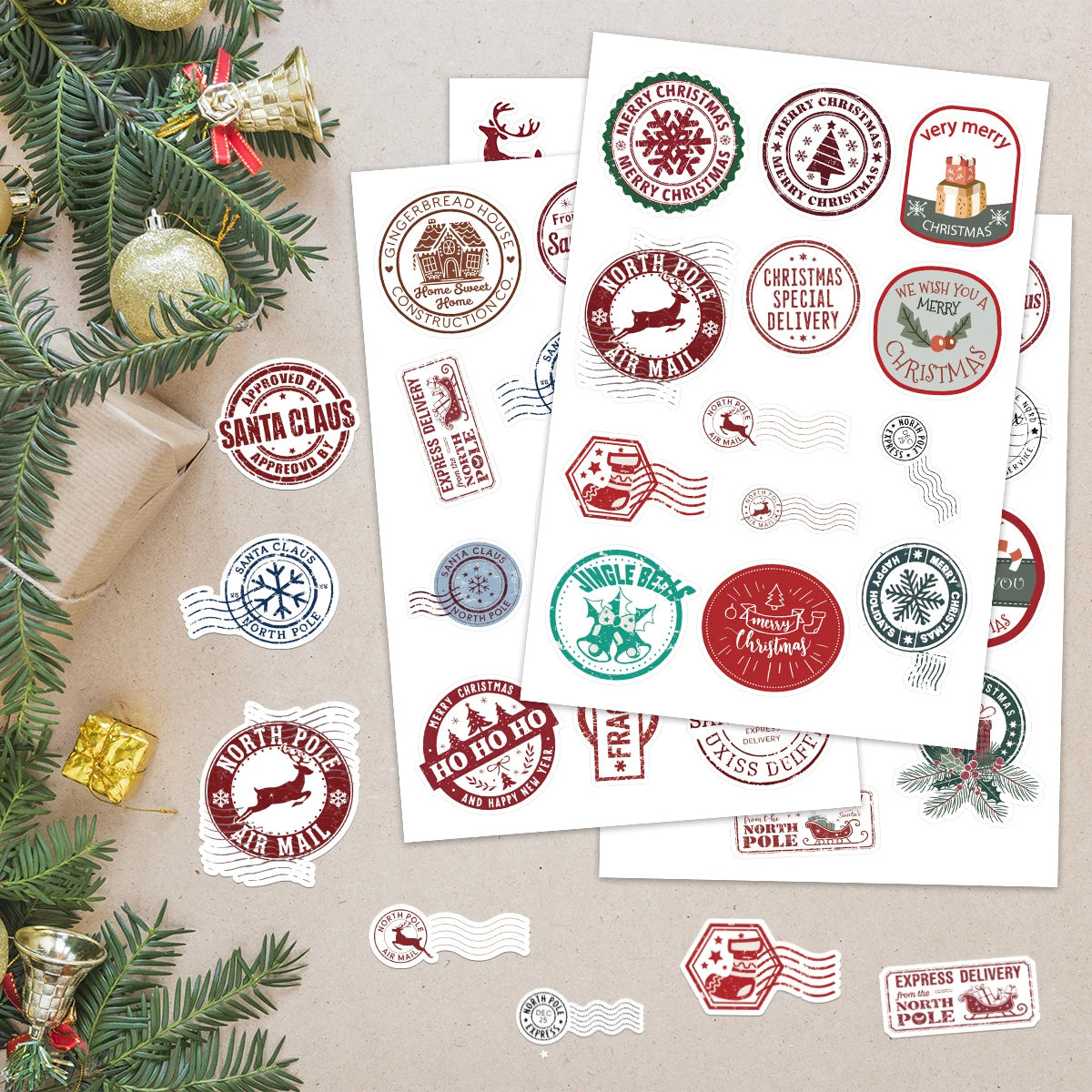 50pcs Christmas Stamps Graffiti Stickers for Envelope,DIY Crafts,Scrapbook, Self Adhesive Gift Sealing Sticker, Christmas Decor