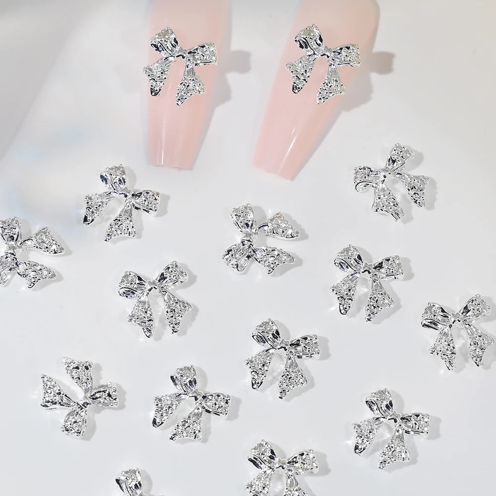 50Pcs 3D Gold/Silver Alloy Ribbion Bowknot Nail Charms 10x11mm Alloy Bowknot Nail Art Decor 3D Luxury Alloy Bow Manicure Parts