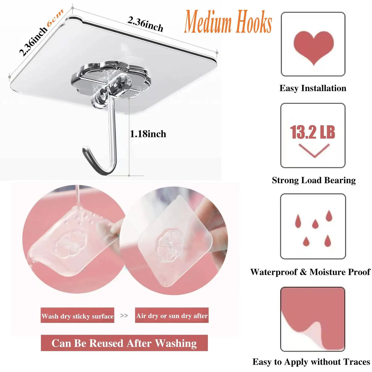 Large Adhesive Hooks Heavy Duty 22 lbs Robe Towel Hooks Waterproof Adhesive Wall Hooks for Home Bathroom Kitchen Office