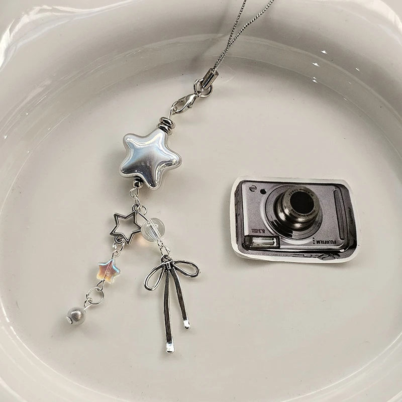 1pcs Cellphone Lanyard Keychain For Phone Style Metal Silver Star Bow Pendant Phone Charm Strap Sweet Cool Girl Pendant