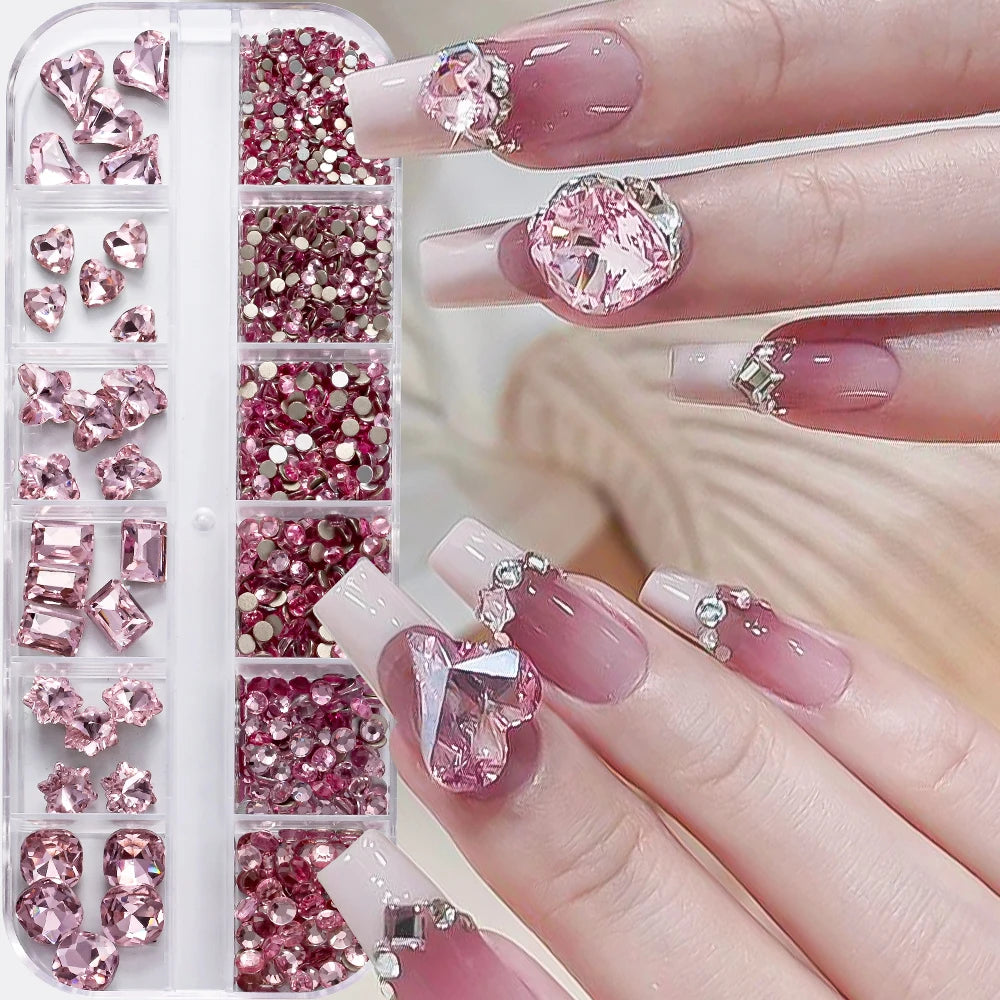 12Grids 3D Lake Blue Mixed Shape Nail Rhinestones Square/Round/Heart Glass Diamond Nail Art Charms Luxury Manicure Jewelry Gems