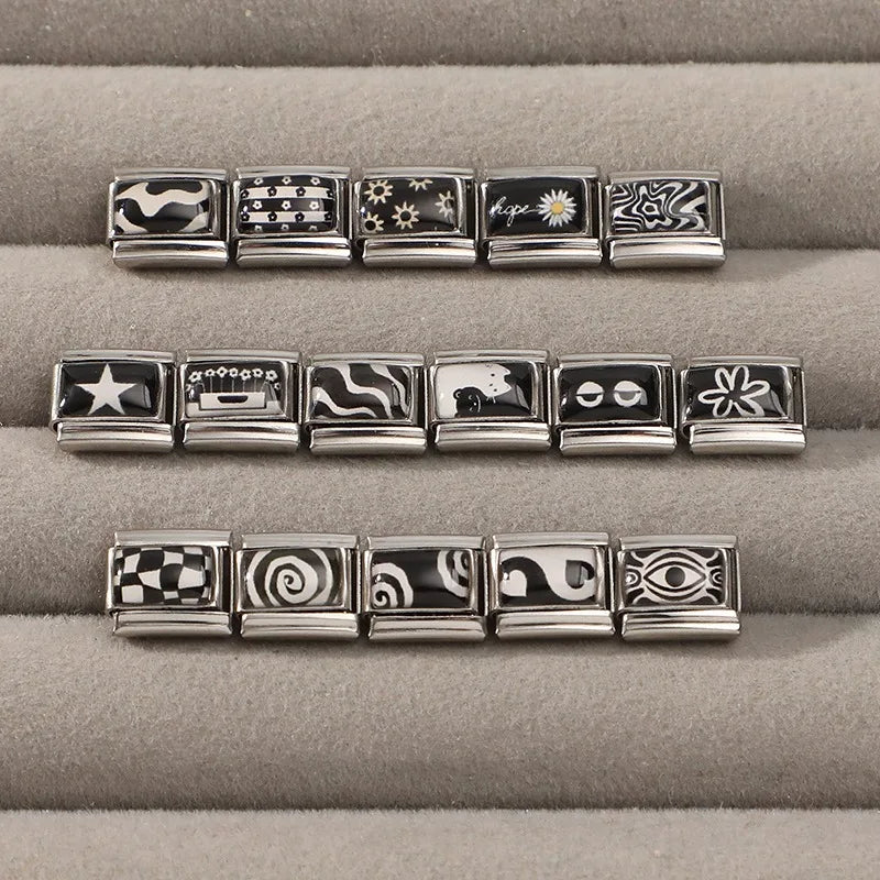 Y2K Red Flowers Moon Black Heart Eyes Star Sun Cat Italian Charm Fit 9mm Stainless Steel Women Fashion Bracelet DIY Jewelry Gift