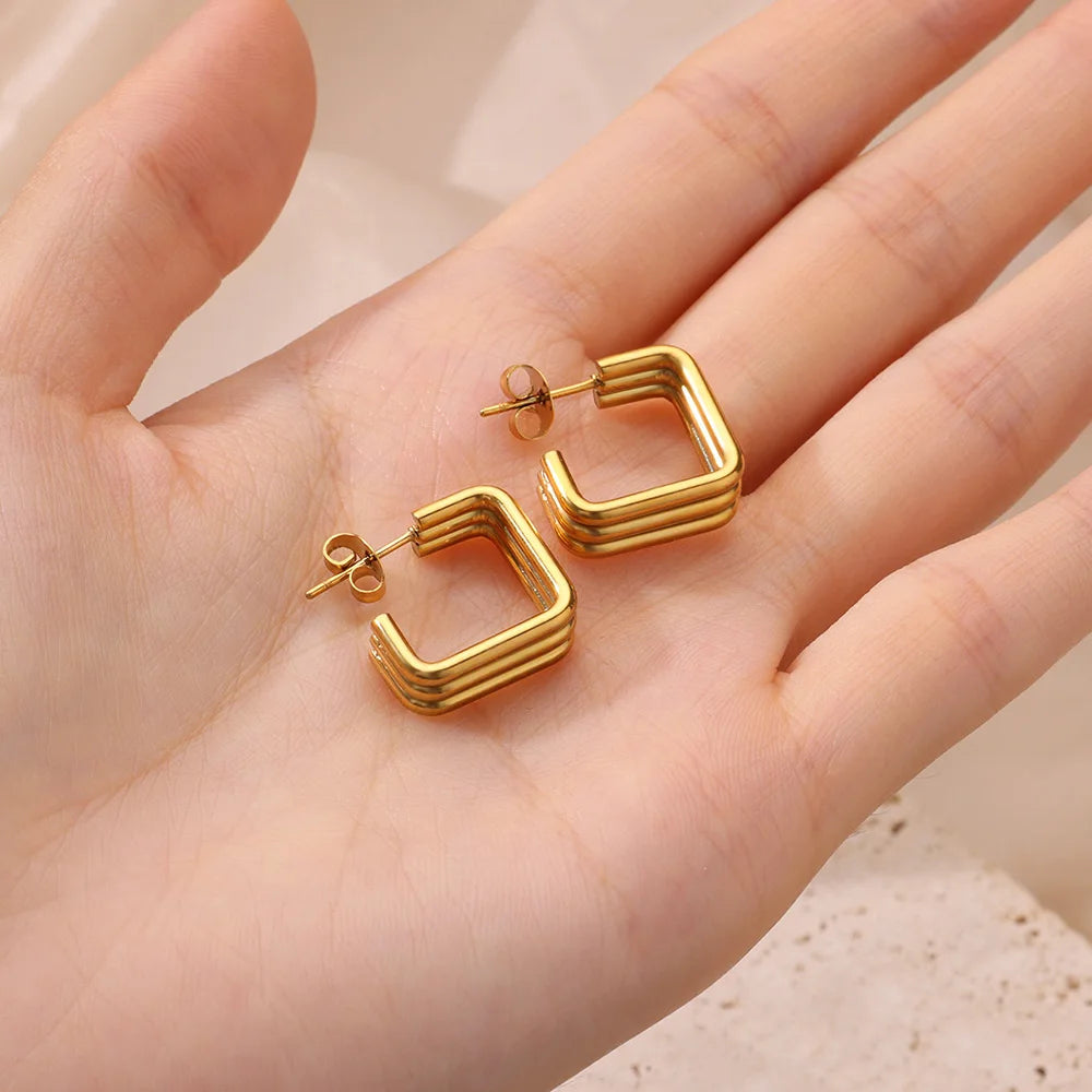 Square Stainless Steel Earrings for Women Piercing Gold Color Stud Earrings 2024 Trend Female Aesthetic Ear Jewelry aretes mujer