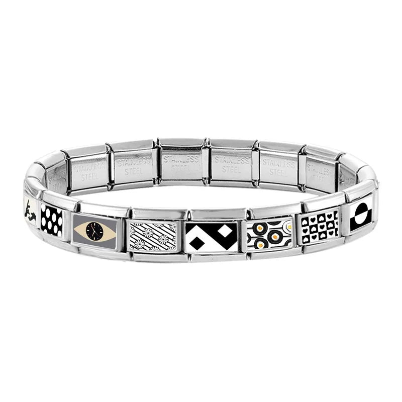 2026 Fashion Black White Round Stars Polka Point Italian Charm Links Fit 9mm Stainless Steel Bracelet Jewelry DIY Making Beads