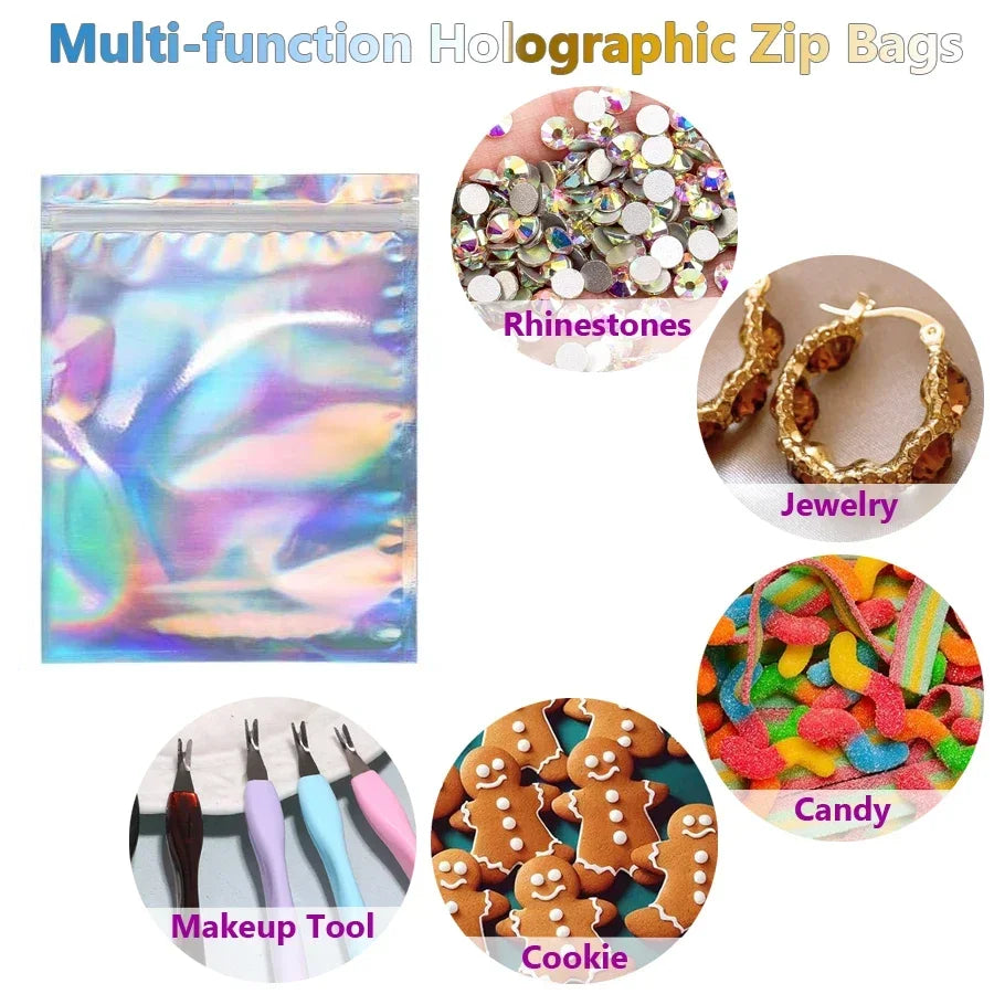 10Pcs Holographic Foil Resealable Zip Bags for Nail Rhinestones Jewelry Makeup Gel Polish Packaging Gift Pouch