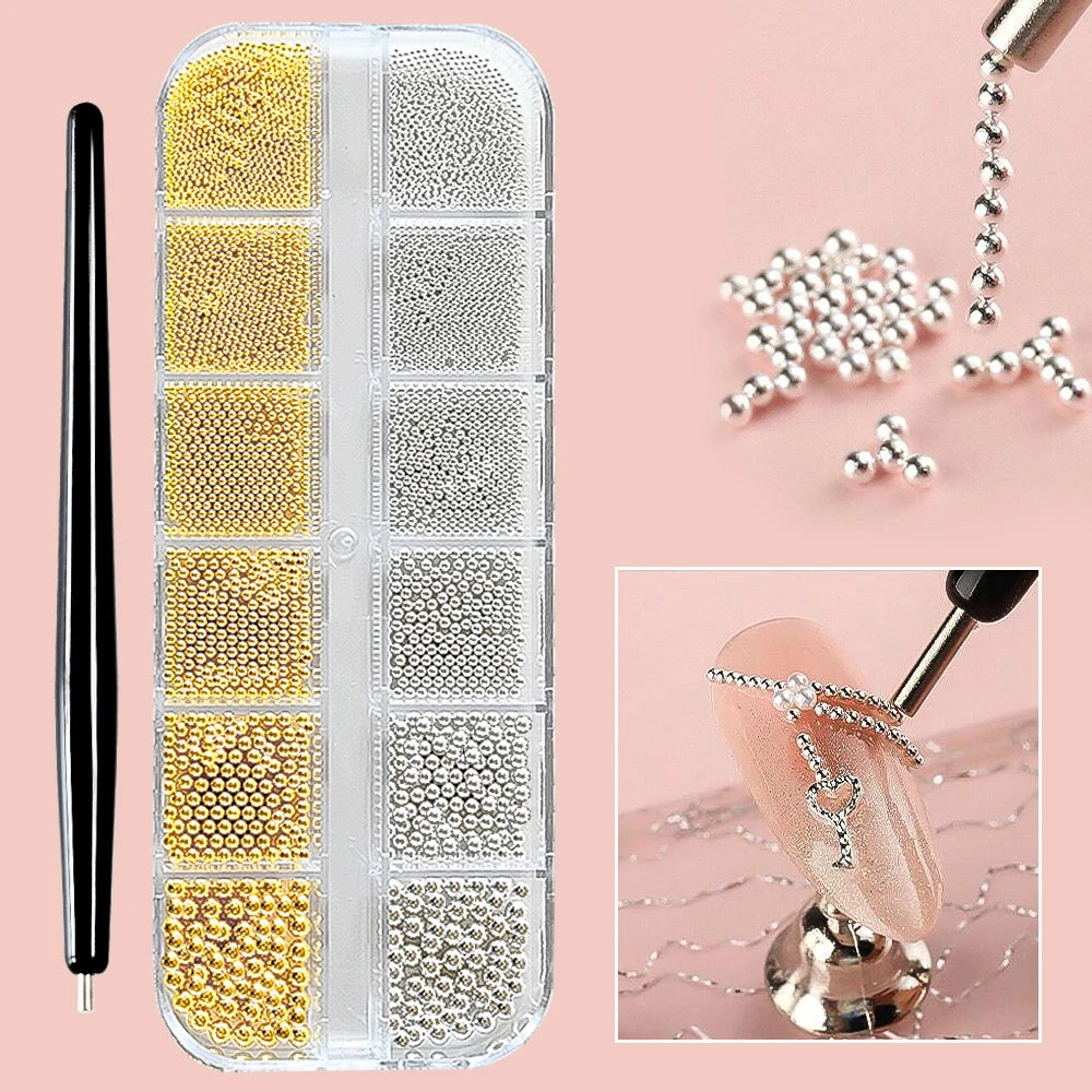 12Grids Gold/Silver Steel Beads Nail Art Charms Christmas Mixed-Size Caviar Bead With 1 Magnetic Pen Manicure Decor Rhinestones