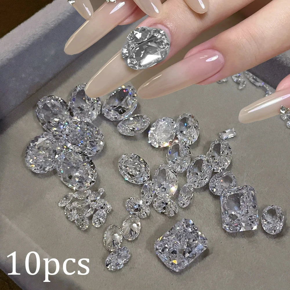 10pcs/bag Large Eggs Clear Zircon Nail Rhinestones Big/Small Square Oval Transparent Nail Art Charms Sparkle Manicure Decoration