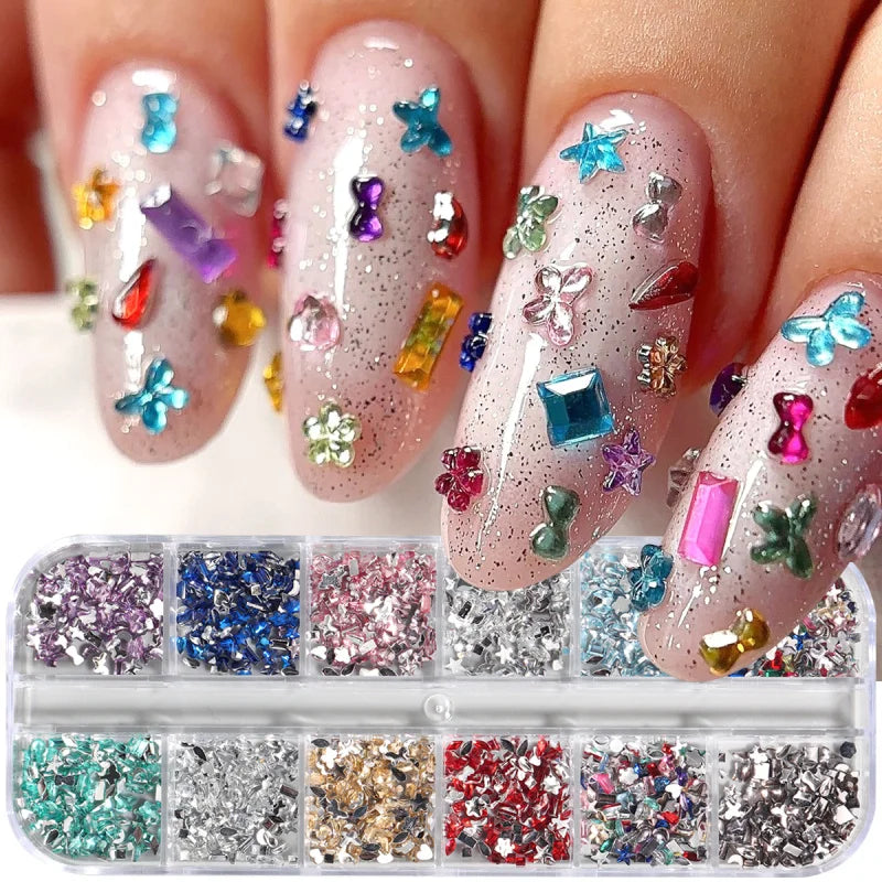 12 Grids 3D Mini Colorful Nail Rhinestones Elegant Rhombus Moon Star Heart Flower Multi Shape Flatback Gemstones Nail Art Decor