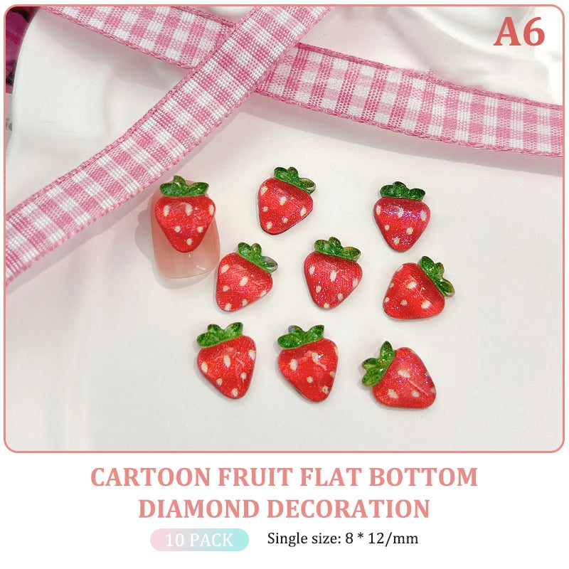 10pcs Nail Art Charms Resin Mini Cherry Strawberry Nail Art Flat Back Stone Figurines Scrapbook DIY Jewelry Decor Crafts