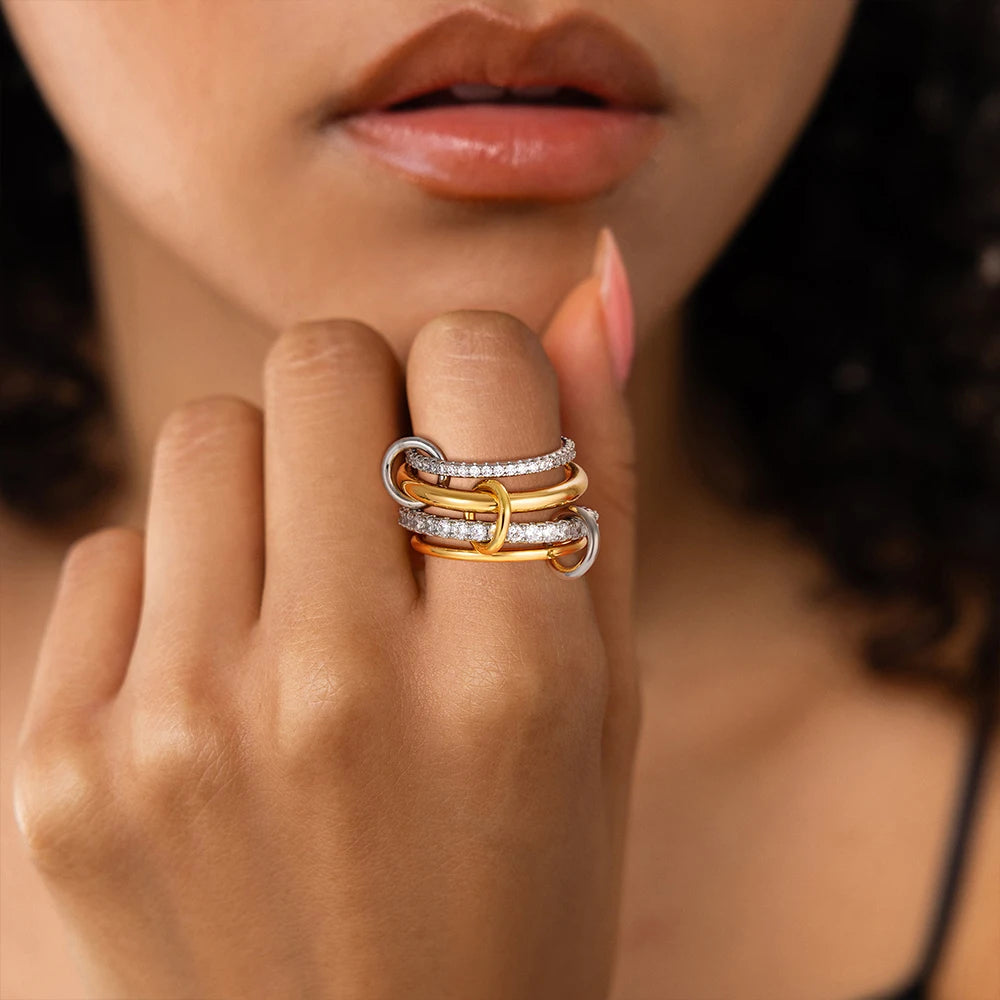 Gothic Multi-layer Metal Two-tone Stacking Rings for Women PVD Waterproof Stainless Steel CZ Zircon Finger Ring Designer Jewelry