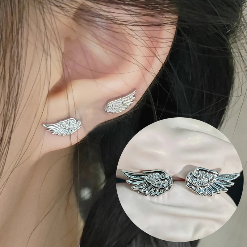 Luxury Zircon Wing Earrings Stud Fashion Women Shiny Crystal Creative Angel Wings Cross Punk Silver Color Ear Studs Jewelry Gift