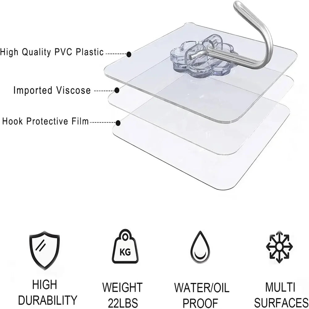 10/20/30Pcs Heavy‑Duty Self‑Adhesive Wall Hooks Punch‑Free No‑Drill Sticky Hooks Waterproof Oilproof Damage‑Free Hanger Storage
