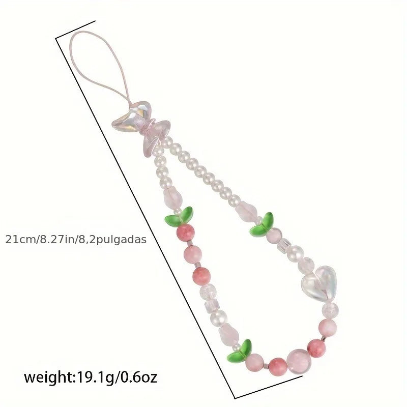 1pcs Peach Beaded Mobile Phone Charm Strap Hyu, Women Sweet Girls Jewelry, Pearl Cellphone Flower Lanyard for iPhone Keychain