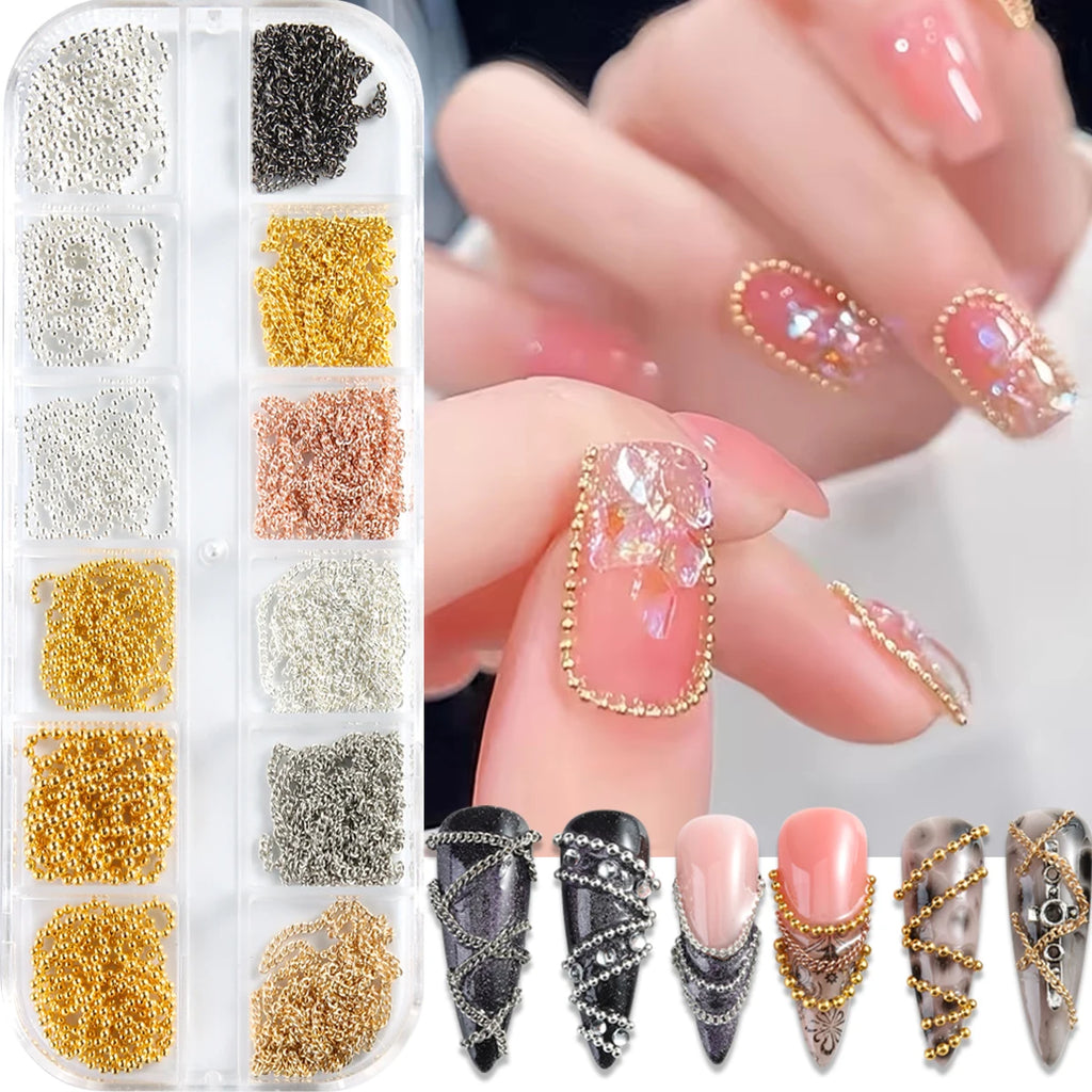 Metal Nail Art Chains,Gold Silver Nail Chain 3D Nail Decoration Charm Personality Nail Jewelry Nail Design Ornament for Manicure