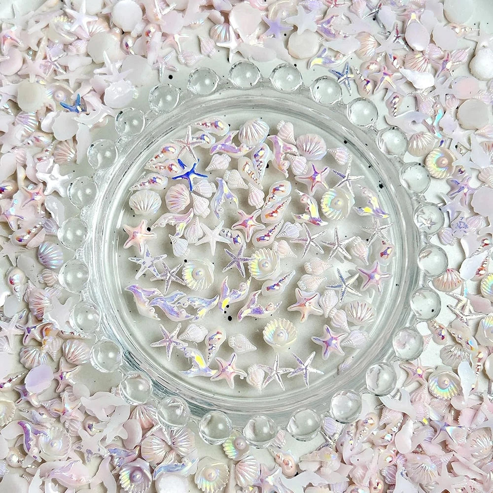 50pcs Mix Summer Beach Nail Rhinestones Ocean Theme Shell Starfish Manicure Charms Pink Ocean Gems Flat Back Nail Supplies