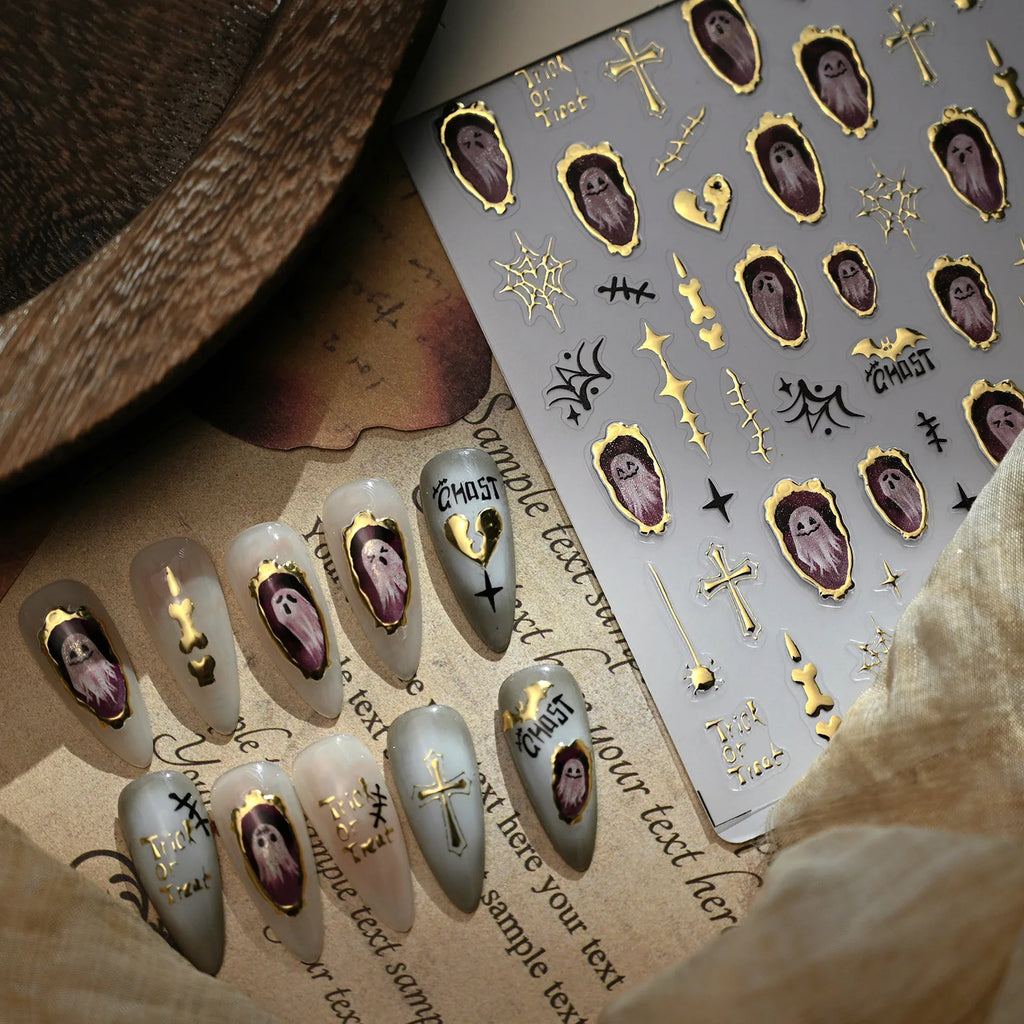 Halloween Nails Sticker Decoration 5D Retro Gilding Bat Cross Ghost Self Adhesive Nail Art Stickers DIY 3D Chic Manicure Decals