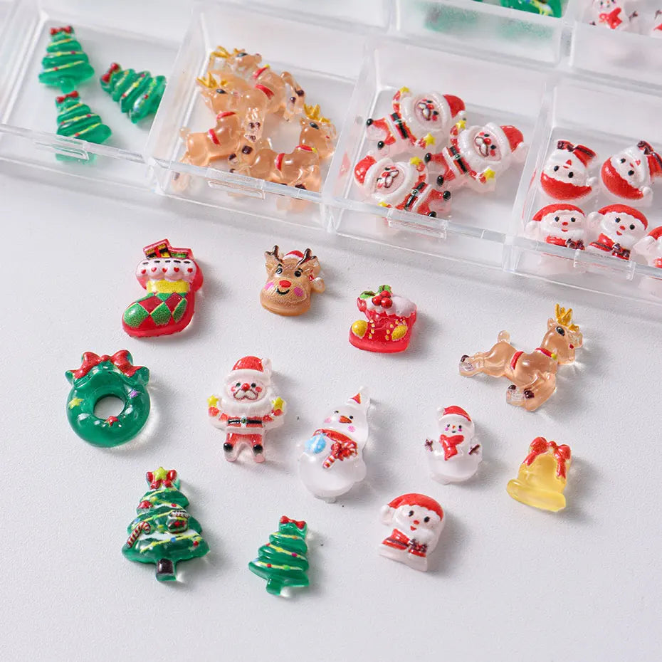 12grids Cartoon Mixed Resin Santa Claus Nails Decor Kawaii Christmas Snowman Elk Nail Charms Parts 3D Festival DIY Nail Supplies