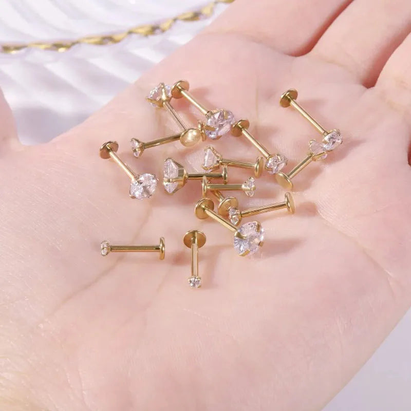 10Pcs/Lot 16G Stainless Steel Earrings Labret Lip Studs Set 2/3/4/5MM CZ Crystal Ear Cartilage Tragus Piercings Piercing Jewelry