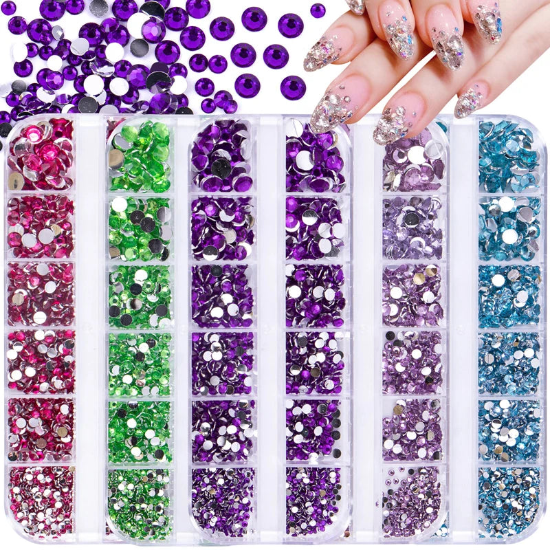 12 Grids Mixed Size Luxury Nail Rhinestones Set 3D Resin AB Crystal Round Glass Bead Gems Nail Art Charms 2mm-6mm Nail Diamond