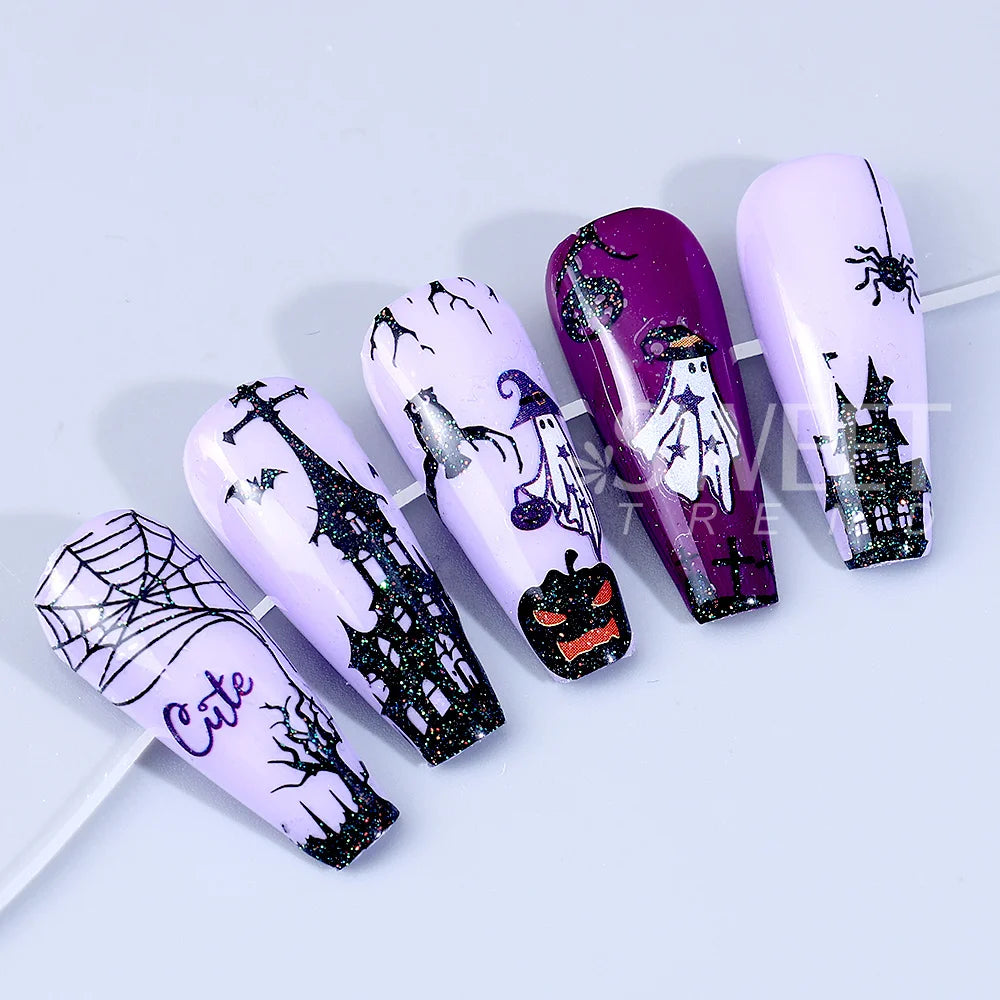 SWEET TREND-12pcs 3D Halloween Nail Stickers Cute Pumpkin Ghost Spider Skull Bow Flower Design Nail Slider Decals Manicure Decor