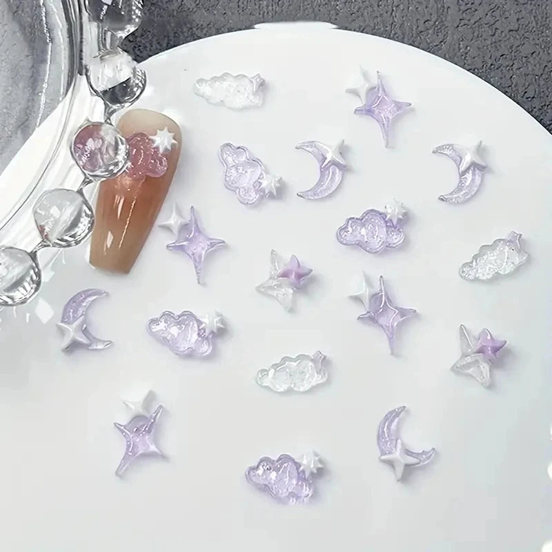 50pcs Purple Mixed 3D Moon Cloud Star Nail Charms Bulk Kawaii Lumionus Mini Ice Cloud Nail Art Decorat Accessories DIY Supplies