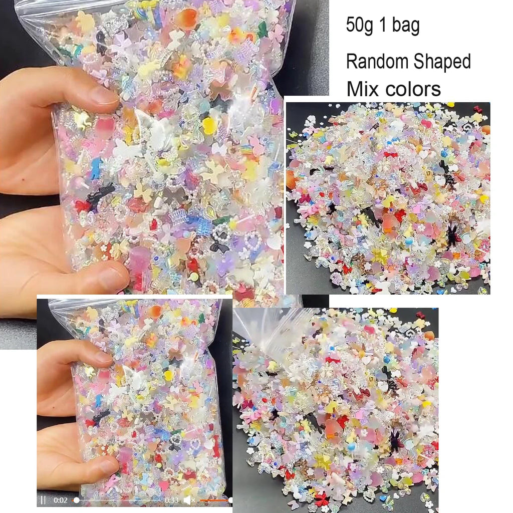 50g 3D Random Mixed Resin Bow/Diamond Nail Art Charms Cartoon Shapes Heart/Flower/Ribbon Rhinestone Cute DIY Manicure Accessory