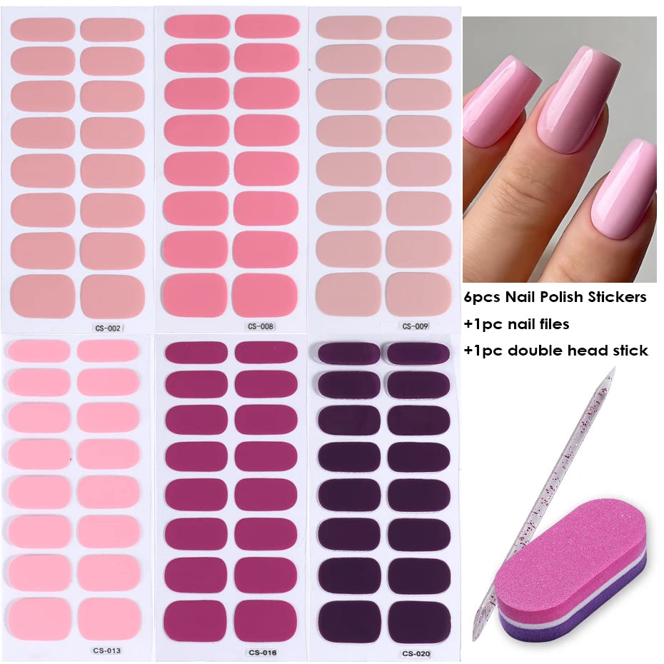 6pcs Ombre Color Gel Nail Polish Sticker Pink Blue Gradient Design Simple Adhesive Decal Full Cover Manicure With File Stick Set