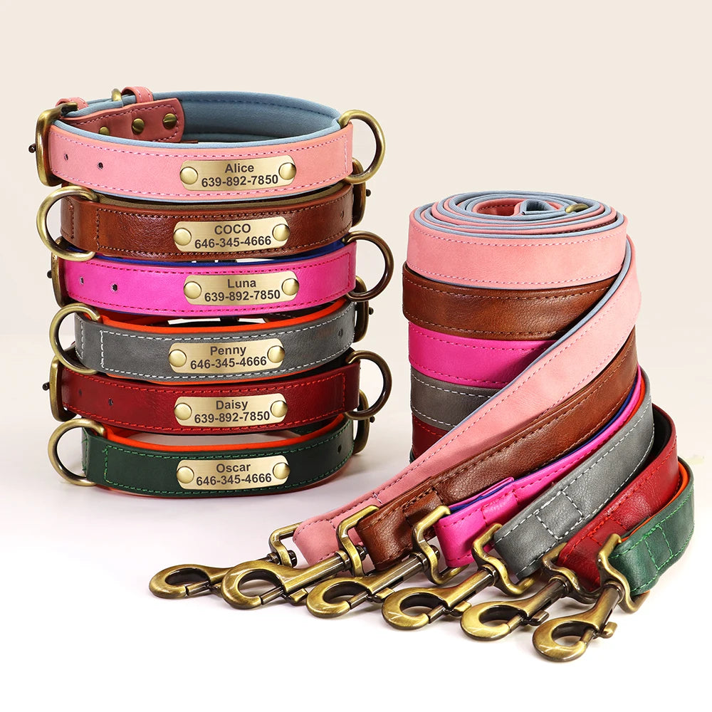 Personalized Dog ID Collar With Leash Soft Padded PU Leather Dogs Collar and Leash Set Anti-lost Tag For Small Medium Large Dogs