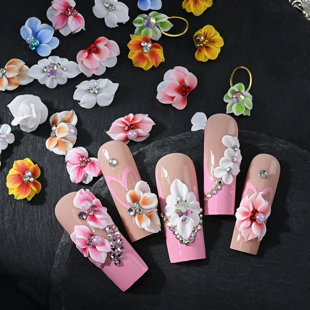 5/30Pcs Mixed 3D Handmade Acrylic  Flowers Nail Charms With Glitter Mini Pearl/Diamond Carving Flower DIY Nail Sculpture Flowers