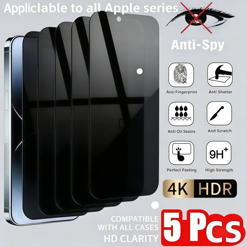 5Pcs Anti-spy Tempered For IPhone17 16 15 14 13 12 11ProMax Full Cover Privacy Screen Protector For IPhone17Air XS Max XR Glass