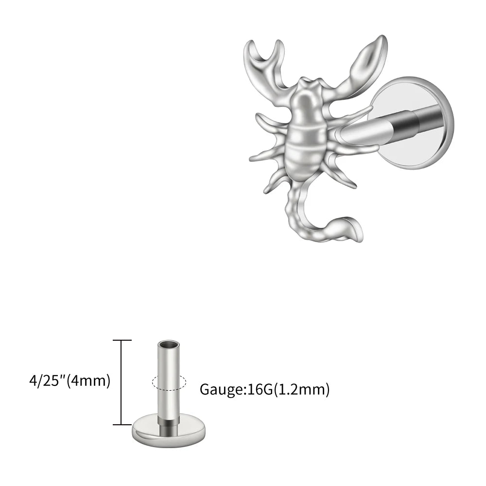 Right Grand ASTM F136 Titanium 16G Scorpion Labret Stud Flatback Zodiac Earring Tragus Cartilage Helix Piercing Body Jewelry