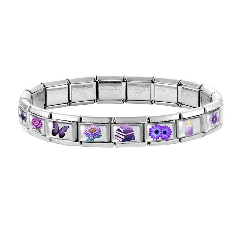 2026 Women's UV Style Purple 3D Flowers Books Candle Italian Charm Link Fit 9mm Stainless Steel Module Bracelet Making Jewelrys