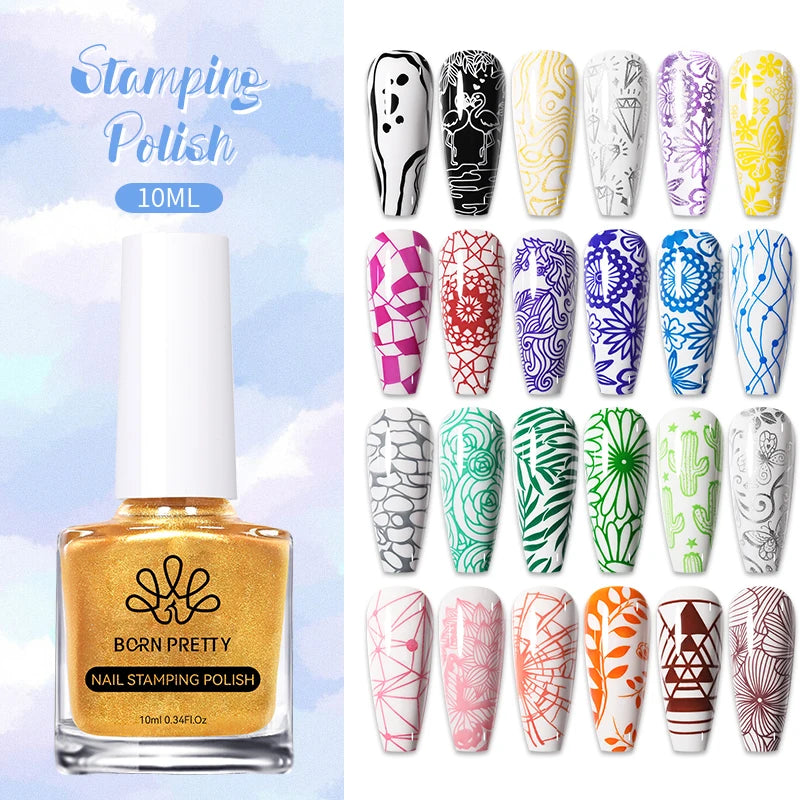 BORN PRETTY 10ml Nail Art Stamping Polish for Manicure Printing Design Black White Nail Art Varnish Need No Smudge Top Coat Oil