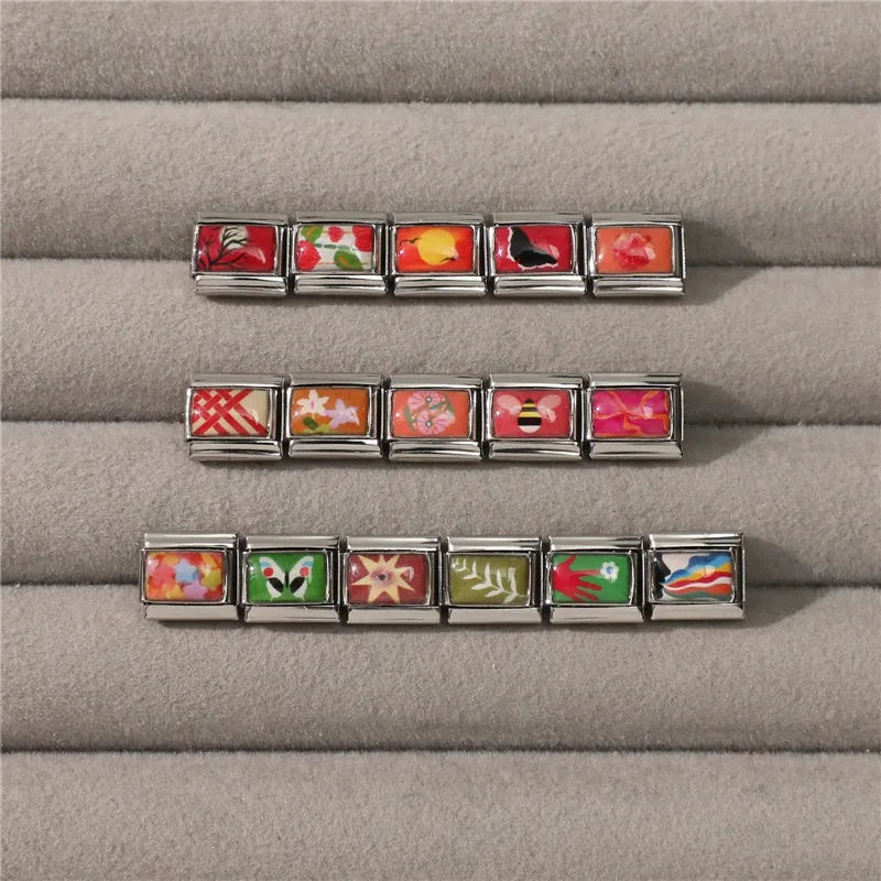 New Y2K Colorful Star Oil painting Eyes Bee Birds Italian Charm Link fit 9mm Stainless Steel Jewelry DIY Making Bracelets Gifts