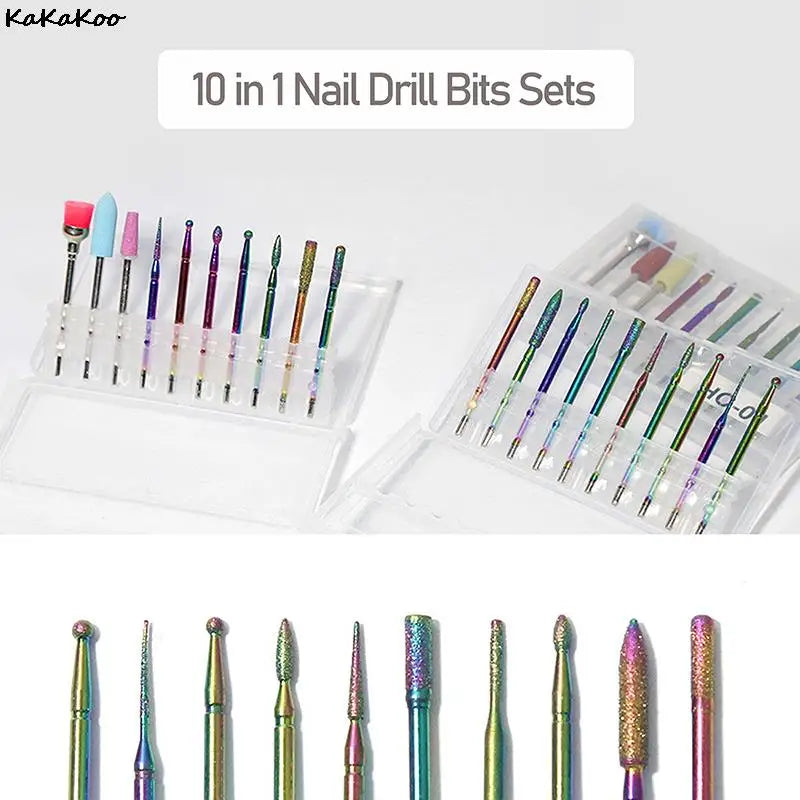 10 In 1 Nail Drill Bits Sets Electric Nail Drill Kit 3/32" Tungsten Carbide Nail Files Manicure Pedicure Set Home Salon Use