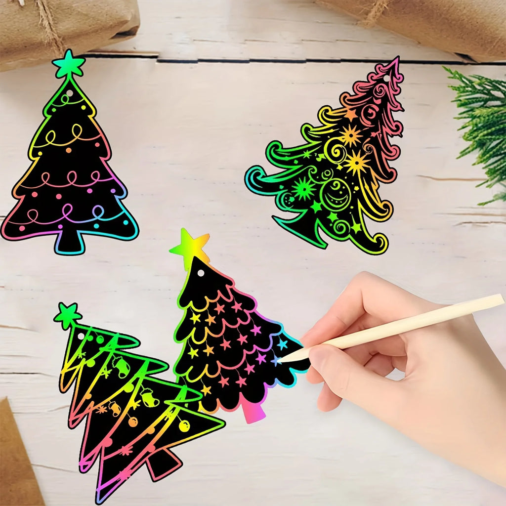 12/24pcs Rainbow Scratch Art Paper - DIY Christmas Ornaments & Party Favors - Tree Pattern, Best for Christmas