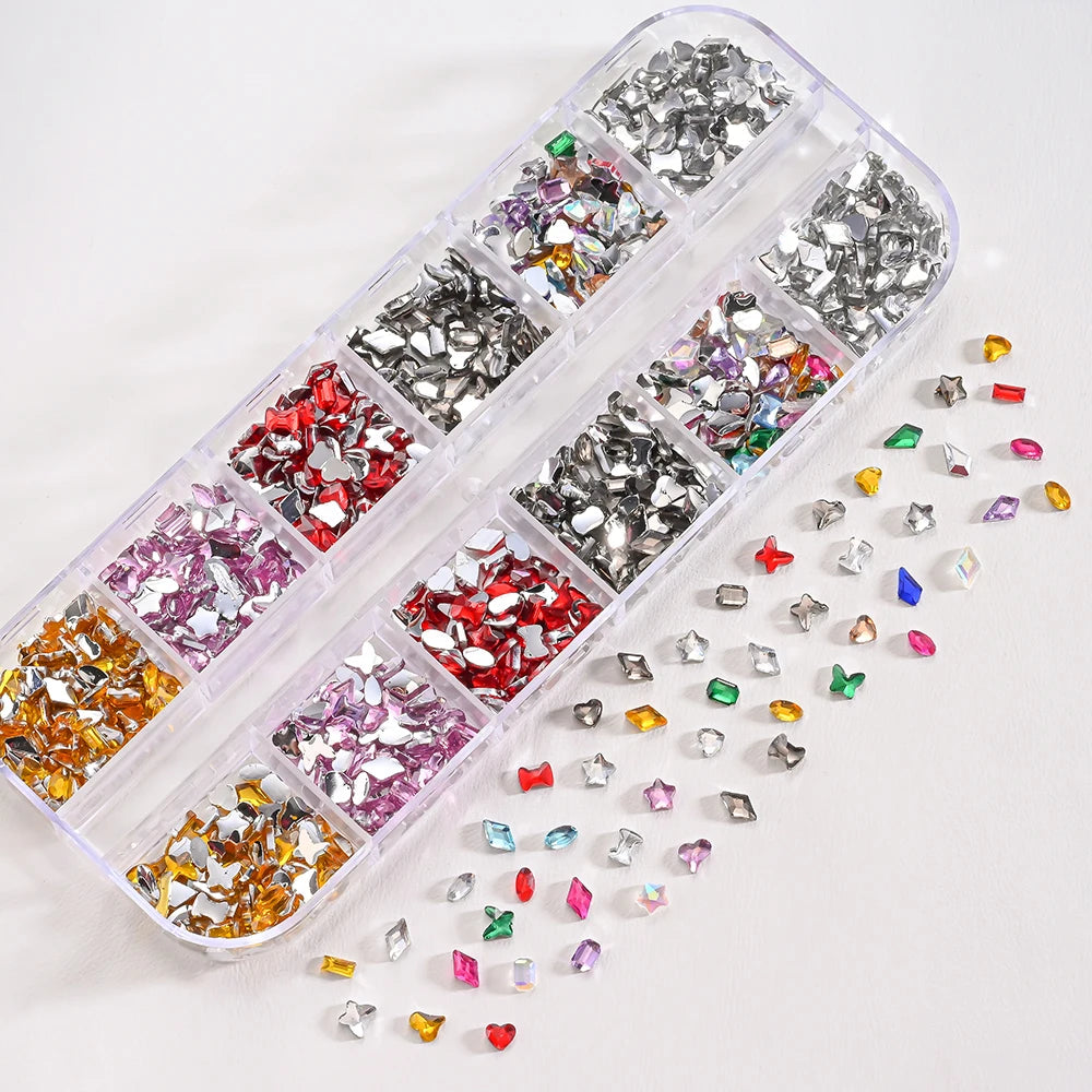 12Grids 3D Acrylic Flowers Nail Charms(with Steel Beads) Colorful Five-petal Flower Nail Art Decorations DIY Manicure Supplies &