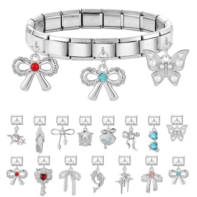 Wholesale Colorful Shiny Zircon Heart Bows Pendant Italian Charm Links Fit 9mm Stainless Steel Bracelet Women Jewelry DIY Making