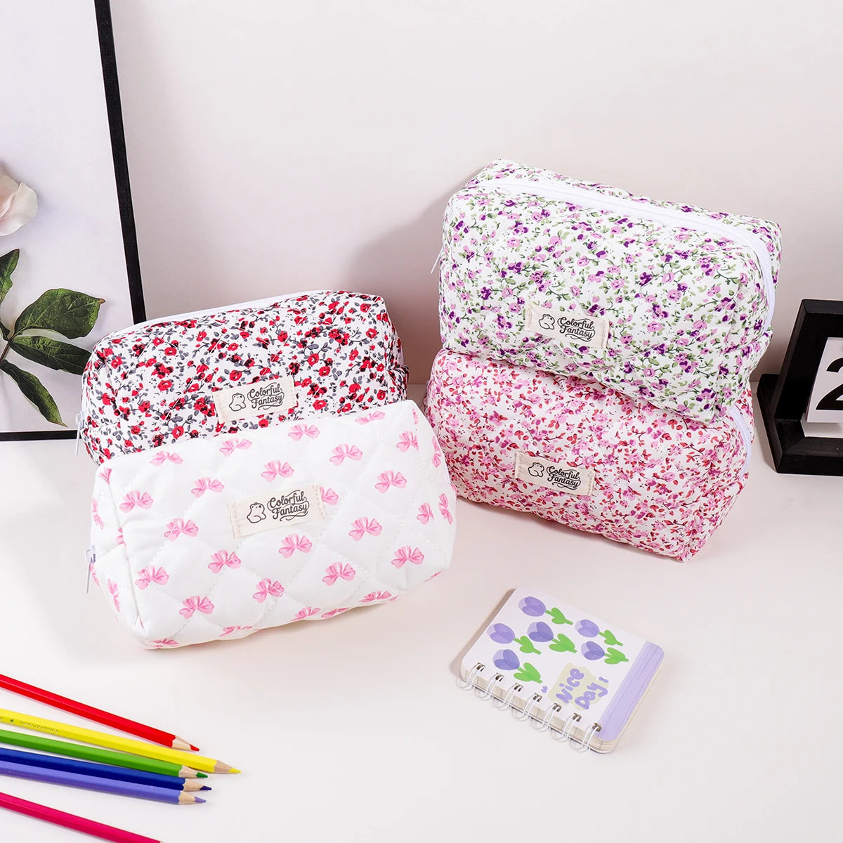 Floral Print Pencil Case Large Capacity Zipper Portable Stationery Organizer for Students Office Desktop Supplies Back to School