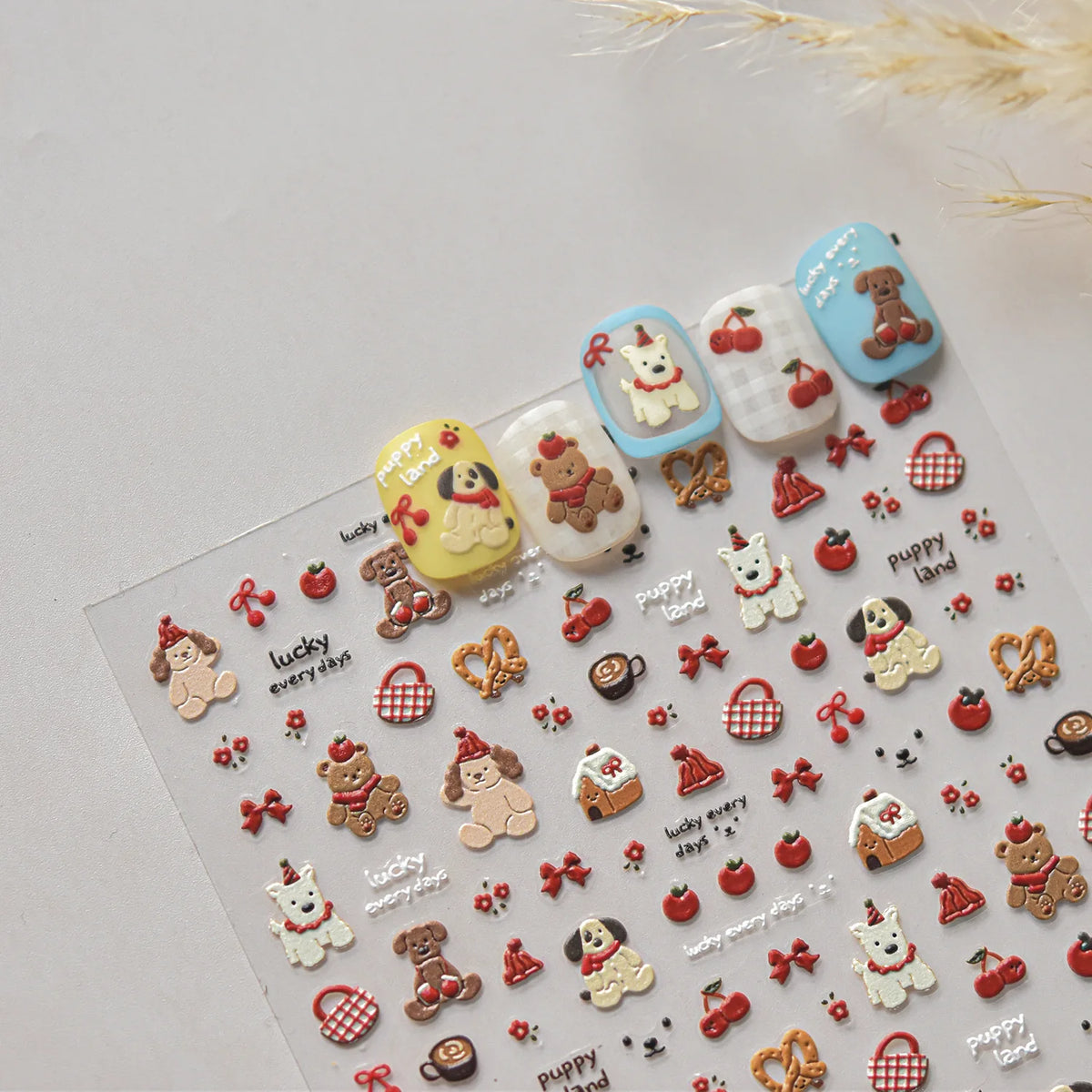 Embossed Nail Stickers Mini Christmas Tree Snowflake Cute Cartoon Bear Puppy Cat Back Glue Nail Accessories 3D Decrations Decals