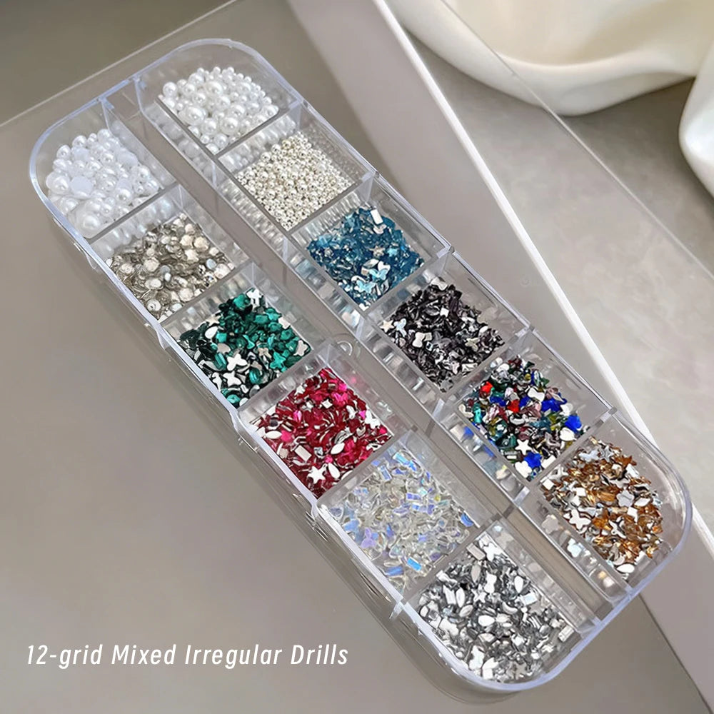 12Grids 3D Clear Glass Mutil-Shapes Nail Rhinestones + SS6-SS16 Round Diamond Crystals Luxury Heart Square Nail Art Gems Decorat