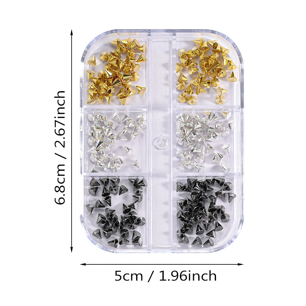 6Grids Halloween Punk Rivets Nail Art Charms Gold/Silver/Black Cone Spike Studs Nails Decorations DIY Cool Manicure Accessories