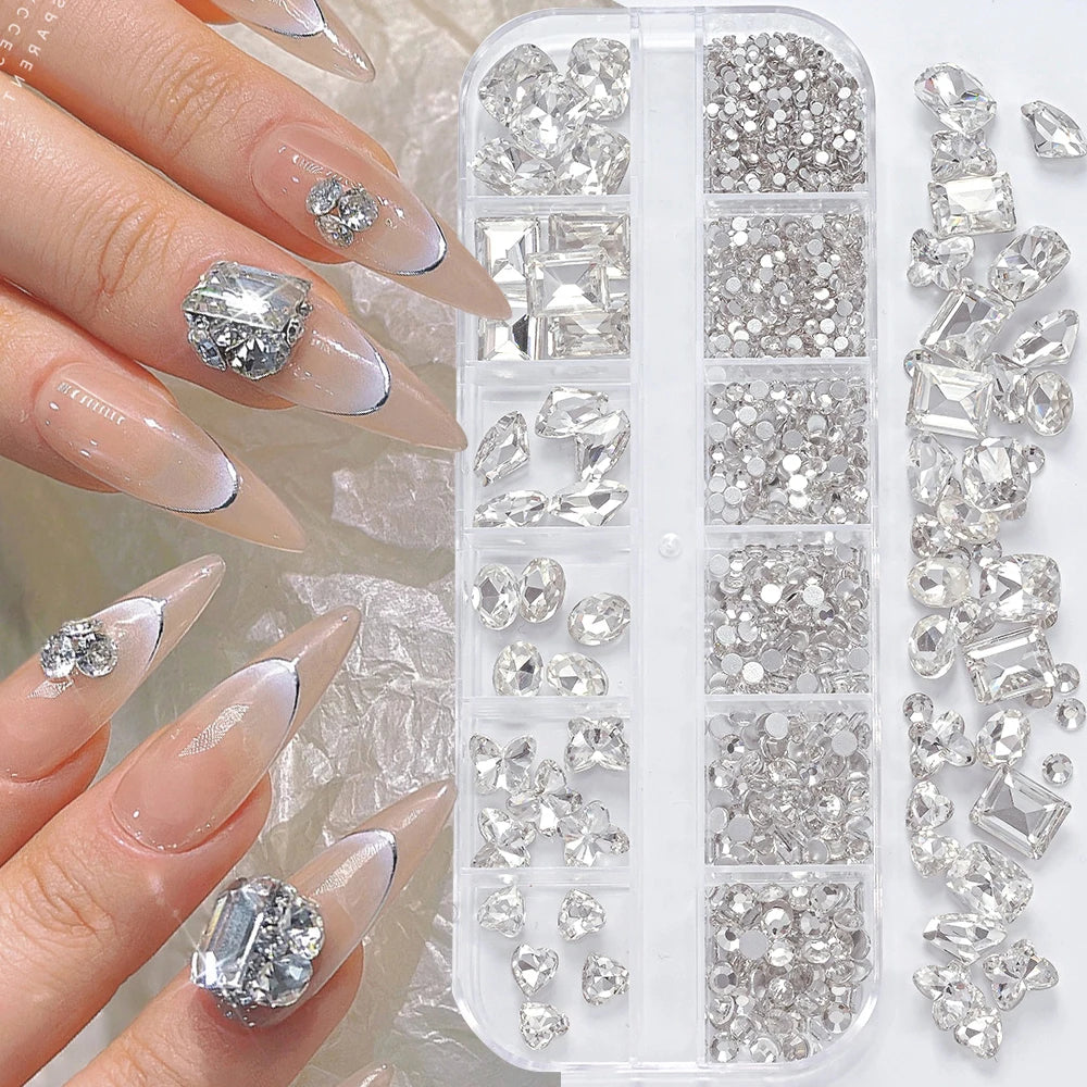 12Grids 3D Clear Glass Mutil-Shapes Nail Rhinestones + SS6-SS16 Round Diamond Crystals Luxury Heart Square Nail Art Gems Decorat