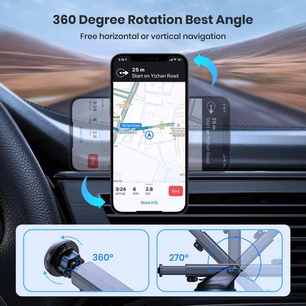 TOPK Magnetic Car Phone Holder Strong Suction Cup Mount Dashboard Windshield Stand Long Arm 360° Adjustable Mobile Phone Holder